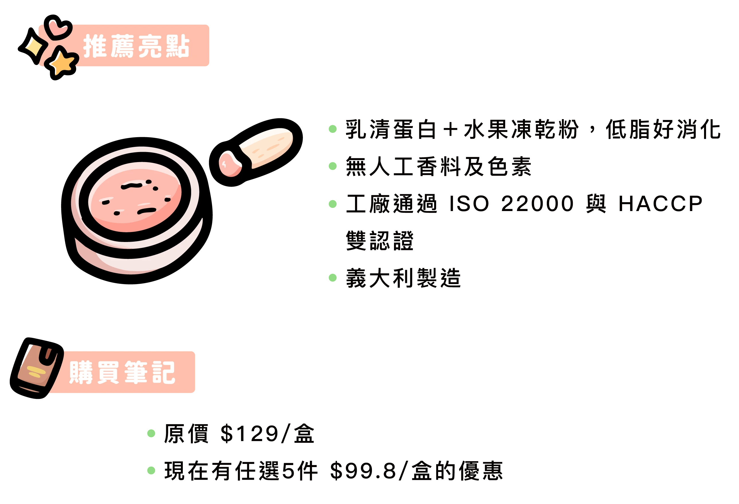 推薦亮點：   ●      乳清蛋白＋水果凍乾粉，低脂好消化   ●      無人工香料及色素   ●      工廠通過 ISO 22000 與 HACCP 雙認證   ●      義大利製造   ●      DIY簡單，加水搖勻，冷凍三小時即可享用   購買筆記：   ●      原價 $129/盒   ●      現在有任選5件 $99.8/盒的優惠